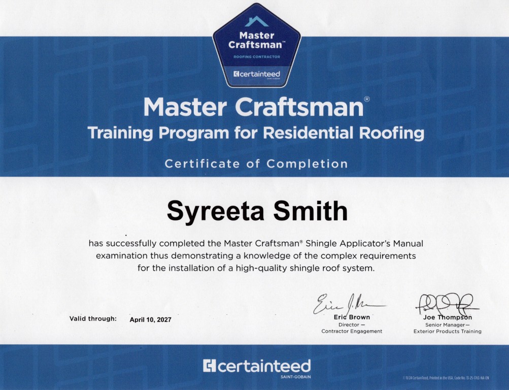 Syreeta Smith — CertainTeed ShingleMaster Certification